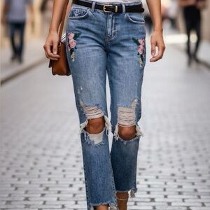 Zara Blue Straight Leg Jeans with Floral Embroidery